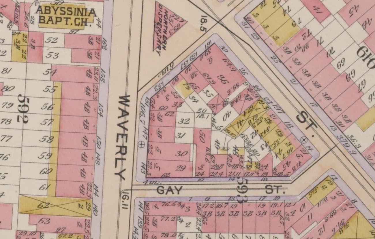 Historic tax map of Manhattan Block 593, the wedge of lots fronting Gay Street and Christopher Street, including the parcels at 14–18 Gay Street and 16–20 Christopher Street